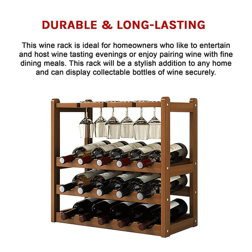 Bamboo Wine Rack Free Standing 15 Bottles with 6 Glasses Holder Storage in Dark Brown