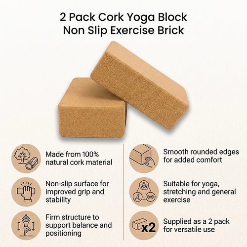 2 Pack Cork Yoga Block Non Slip Exercise Brick