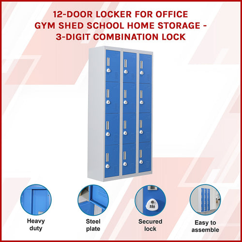 12-Door Locker – Grey with Blue Door with 3-Digit Combination Lock | Secure Storage for Office, Gym or School Use