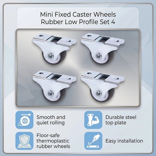 Mini Fixed Caster Wheels Rubber Low Profile Set of 4