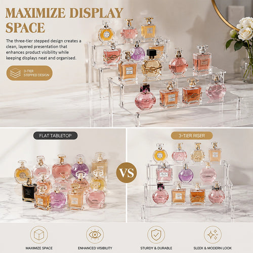2 Pack 3-Tier Acrylic Display Risers for Perfumes, Collectibles, Cupcakes & Retail Displays