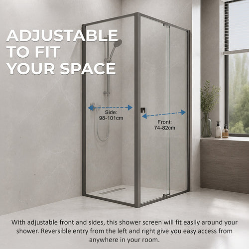 Semi-Frameless Shower Screen – Gunmetal, Front: (74~82)x195cm, Side: (98~101)x195cm