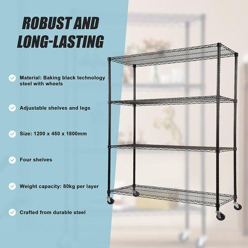 Modular Wire Storage Shelf 1200 x 450 x 1800mm Steel Shelving - Baking Black Technology with Wheels
