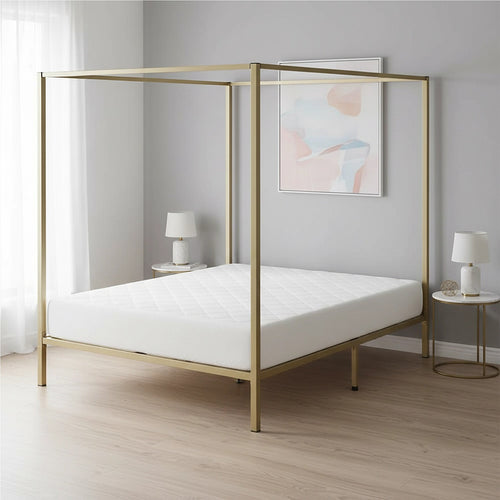 4-Poster King Bed Frame – Sturdy Gold Modern Canopy Bed for Bedroom