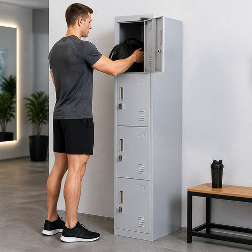 Metal Locker with 4 Doors – Grey, Padlock-operated