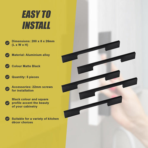 5 x 128mm Kitchen Cabinet Cupboard Door Drawer Handles Square Black Furniture Pulls