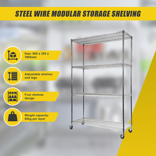 Modular Wire Storage Shelf 900 x 350 x 1800mm Steel Shelving - Carbon Chrome Plated with Wheels