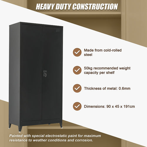 Double-Door Metal Cabinet with 4 Shelves – Office, Garage, or Home Storage in Black with Legs