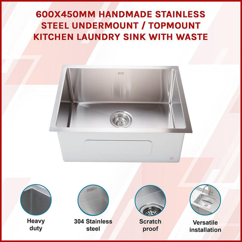 600x450mm Stainless Steel Handmade 1.5mm Sink with Waste in Stainless Steel with brushed finish Finish