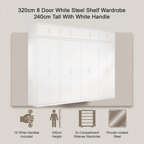 320x240cm 8-Door White Steel Shelf Wardrobe with White Handle Storage Cabinet