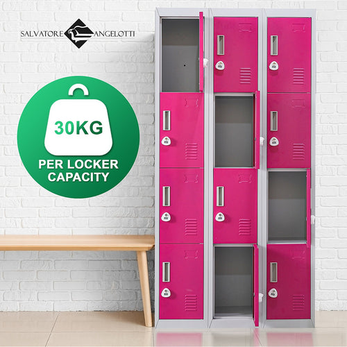 12-Door Locker – Grey with Pink Door with 3-Digit Combination Lock | Secure Storage for Office, Gym or School Use