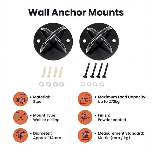 Pair of Black Wall Anchor Mounts for Battle Ropes, Suspension Training & Gym Use