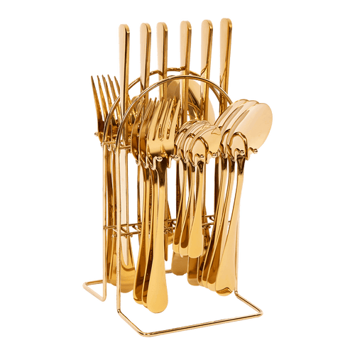 Tableware 24PC Gold Cutlery Set SS304 Household Knife Fork Spoon Kitchen with Storage Rack Dinner Service