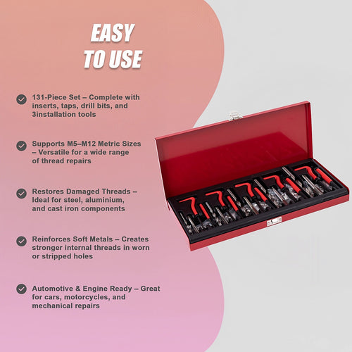 131pc Helicoil-Type Thread Repair Kit – Metric Insert Tool Set for Fixing Damaged Threads
