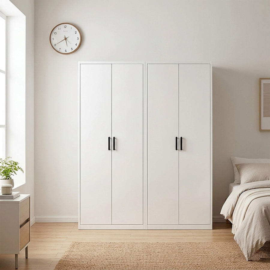 160x200cm 4-Door White Steel Shelf Wardrobe with Black Handle Storage Cabinet