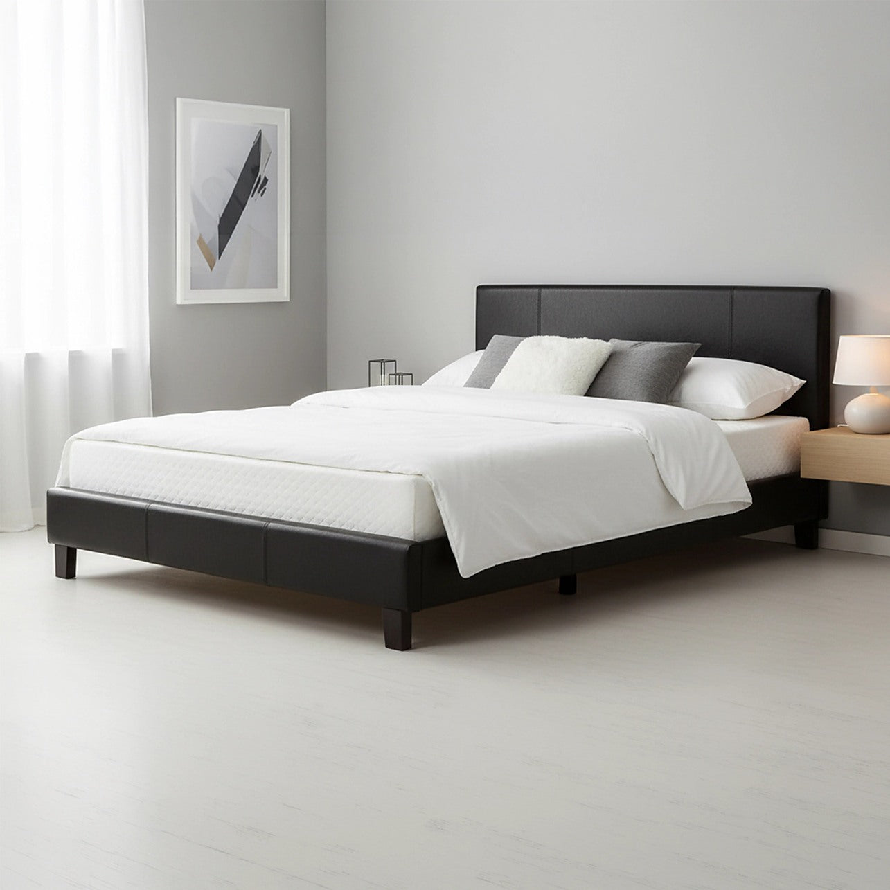 ベッドフレーム New Bed matress double size Double Size Bed Frame with Headboard – Black PU Leather