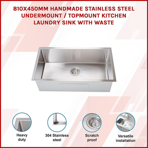 810x450mm Stainless Steel Handmade 1.5mm Sink with Waste in Stainless Steel with brushed finish Finish