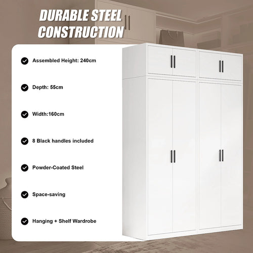160x240cm 4-Door White Steel Hanging and Shelf Wardrobe with Black Handle Storage Cabinet