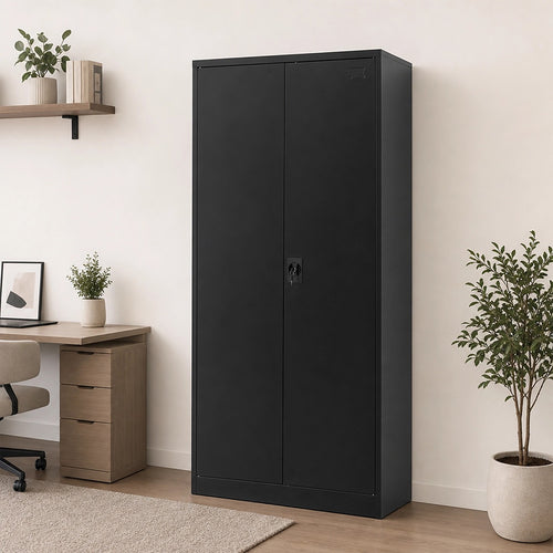 Double-Door Metal Cabinet with 4 Shelves – Office, Garage, or Home Storage in Black without Legs