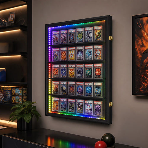 LED Trading Card Display Case for 35 Graded Cards Lockable Wall Frame