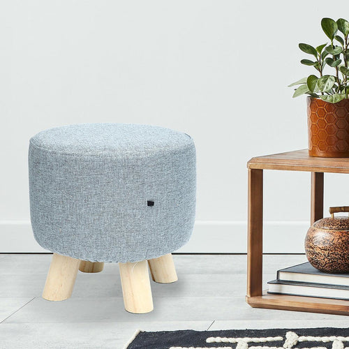 Grey Fabric Ottoman Foot Stool Rest Pouffe Wood Padded Seat Round