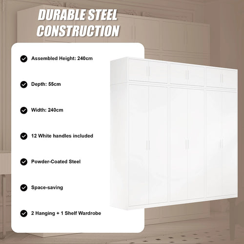 240x240cm 6-Door White Steel 2 Hanging and 1 Shelf Wardrobe with White Handle Storage Cabinet