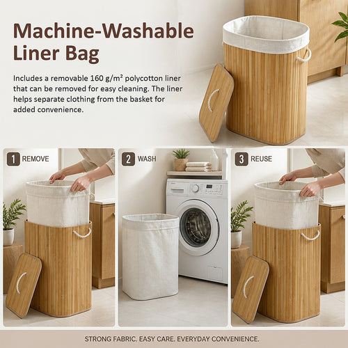 72L Wood Bamboo Laundry Hamper with Lid & Removable Liner Bag