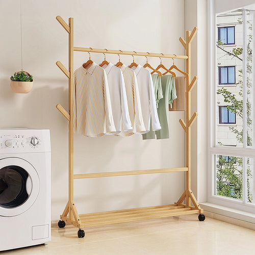 Portable Clothes Rack Coat & Garment Stand – Bamboo Rail Hanger Closet Airer in Wood