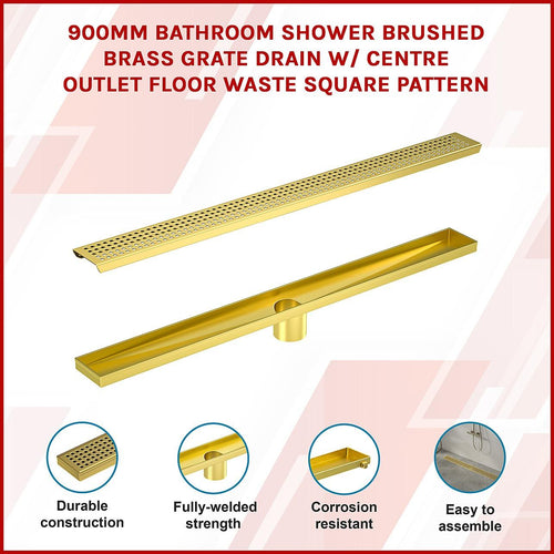 90cm Bathroom Shower Brushed Brass Grate Drain w/ Centre outlet Floor Waste