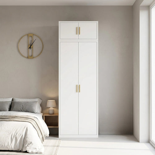80x240cm 2-Door White Steel Hanging Wardrobe with Gold Handle Storage Cabinet
