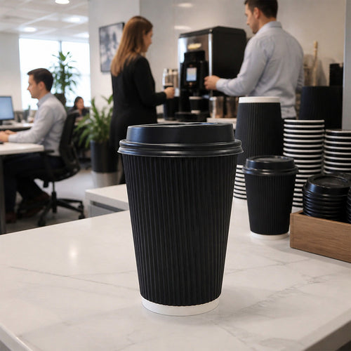 Black Triple Wall Coffee Cups with Matching Lids 500 Piece set 16oz