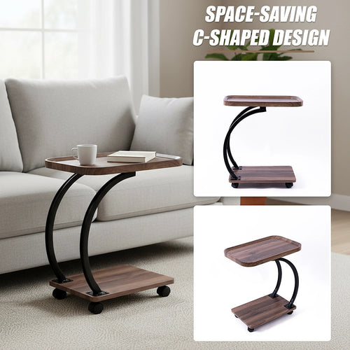 C-Shaped Corner End Table with Wheels Sofa Side Table