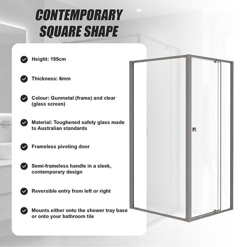 Semi-Frameless Shower Screen – Gunmetal, Front: (74~82)x195cm, Side: (98~101)x195cm