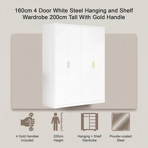 160x200cm 4-Door White Steel Hanging and Shelf Wardrobe with Gold Handle Storage Cabinet