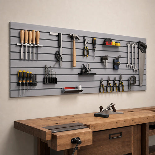 Slatwall Storage Pack – Retail Display & Garage Wall Organiser System Grey PVC Panels