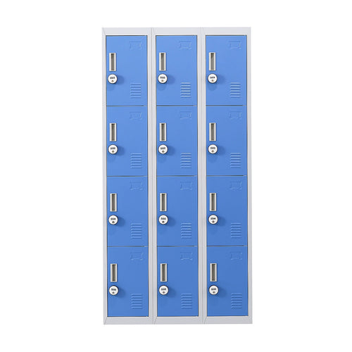 12-Door Steel Locker – Grey with Blue Door, 4-Digit Combination Lock