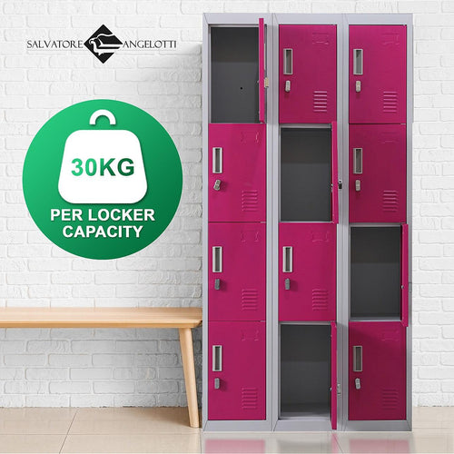 Grey with Pink Door 12-Door Locker for Office Gym Shed School Home Storage - Padlock-operated