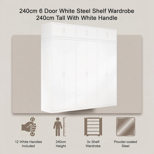 240x240cm 6-Door White Steel Shelf Wardrobe with White Handle Storage Cabinet