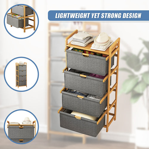 Bamboo Shelf with Storage Hamper – Wooden Organiser Rack with 4 Removable Laundry Bags