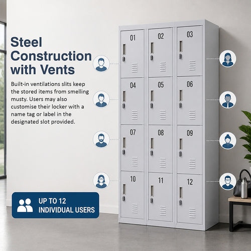 12-Door Steel Locker – Grey, Padlock-operated