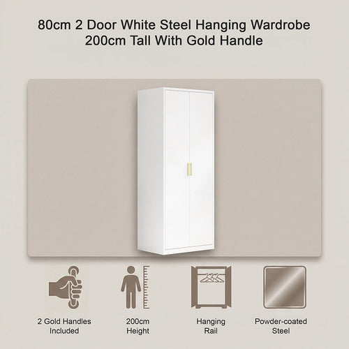 80x200cm 2-Door White Steel Hanging Wardrobe with Gold Handle Storage Cabinet