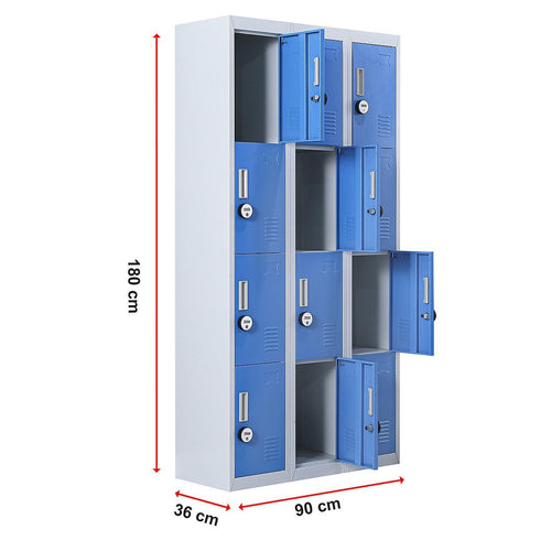 Grey with Blue Door 12-Door Locker for Office Gym Shed School Home Storage - 4-Digit Combination Lock