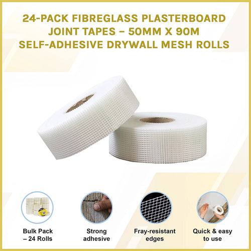 24-Pack Fibreglass Plasterboard Joint Tapes – 50mm x 90m Self-Adhesive Drywall Mesh Rolls for Strong Seam Repairs