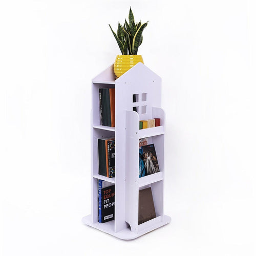 Rotating Bookcase Bookshelf Kids Book Organiser Rack Wooden Castle Display Shelf