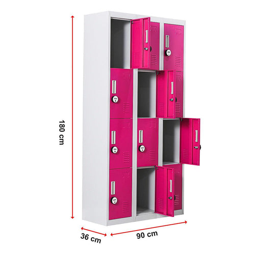 Grey with Pink Door 12-Door Locker for Office Gym Shed School Home Storage - 4-Digit Combination Lock