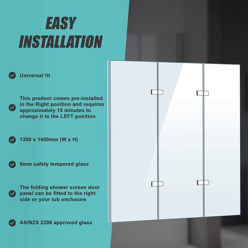 3 Fold CHROME Folding Bath Shower Screen Door Panel - 130 x 140cm Right