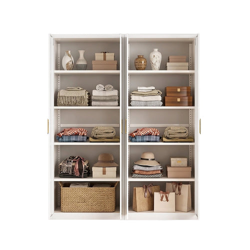 160x200cm 4-Door White Steel Shelf Wardrobe with Gold Handle Storage Cabinet