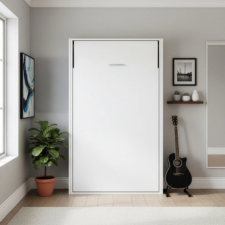 King-single Wall Bed in White – Space Saving Murphy Bed Kit with Silver Door Handle