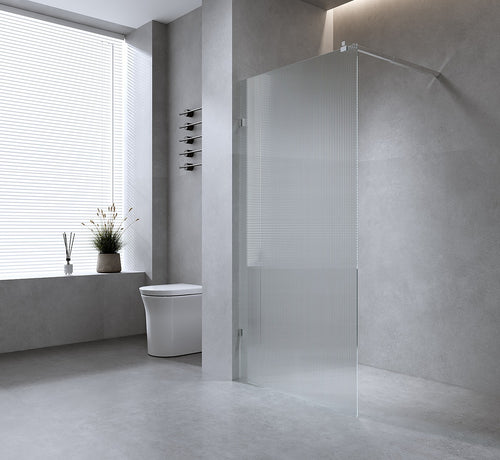 70cm Reeded Glass Shower Screen with Black F-brackets & Round Pole