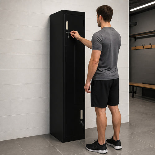 Metal Storage Locker with L-Shaped Doors – Black, Standard Lock with 2 Keys